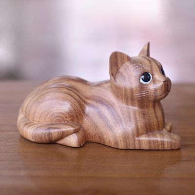 Alternate image for Hand Carved Wood Cat Sculpture from Balinese Artisan Short Haired Cat