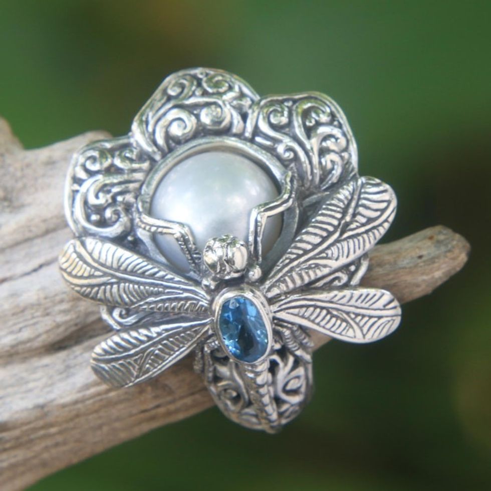 Cultured Pearl Cocktail Ring Dragonfly from Indonesia 'Rafflesia Flower'