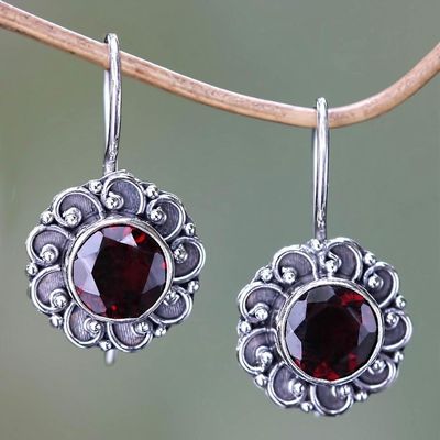 Alternate image for Silver and Garnet Sunflower Drop Earrings from Bali Singaraja Sunflower Red