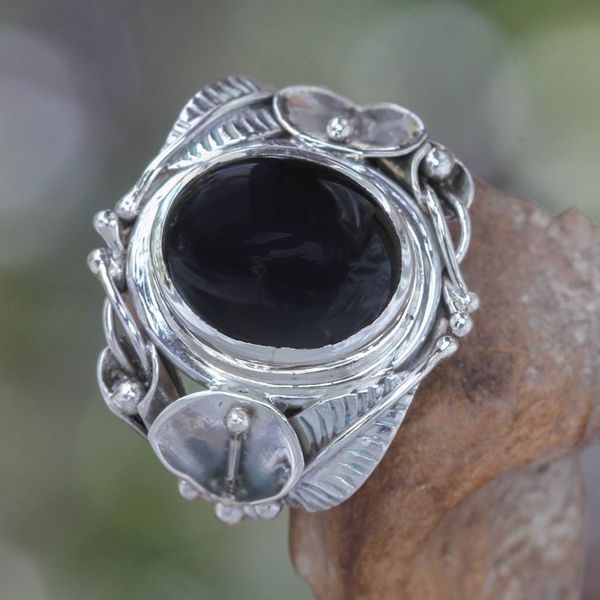 Alternate image for Womens Floral Sterling Silver and Onyx Cocktail Ring Nest of Lilies