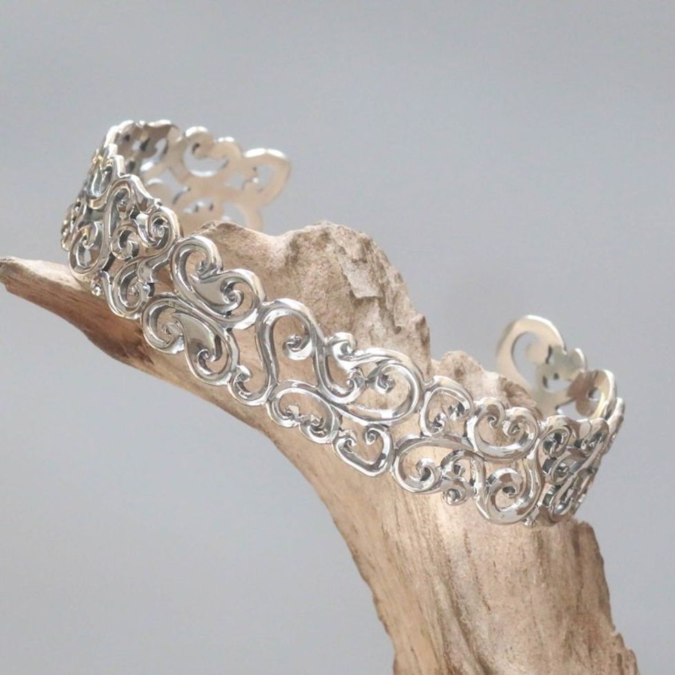 Hand Crafted Sterling Silver Cuff Bracelet with Floral Motif 'Elegant Fern'