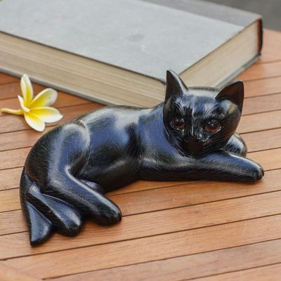 Main image for Suar Wood Black Cat Statuette Slinky Feline in Black