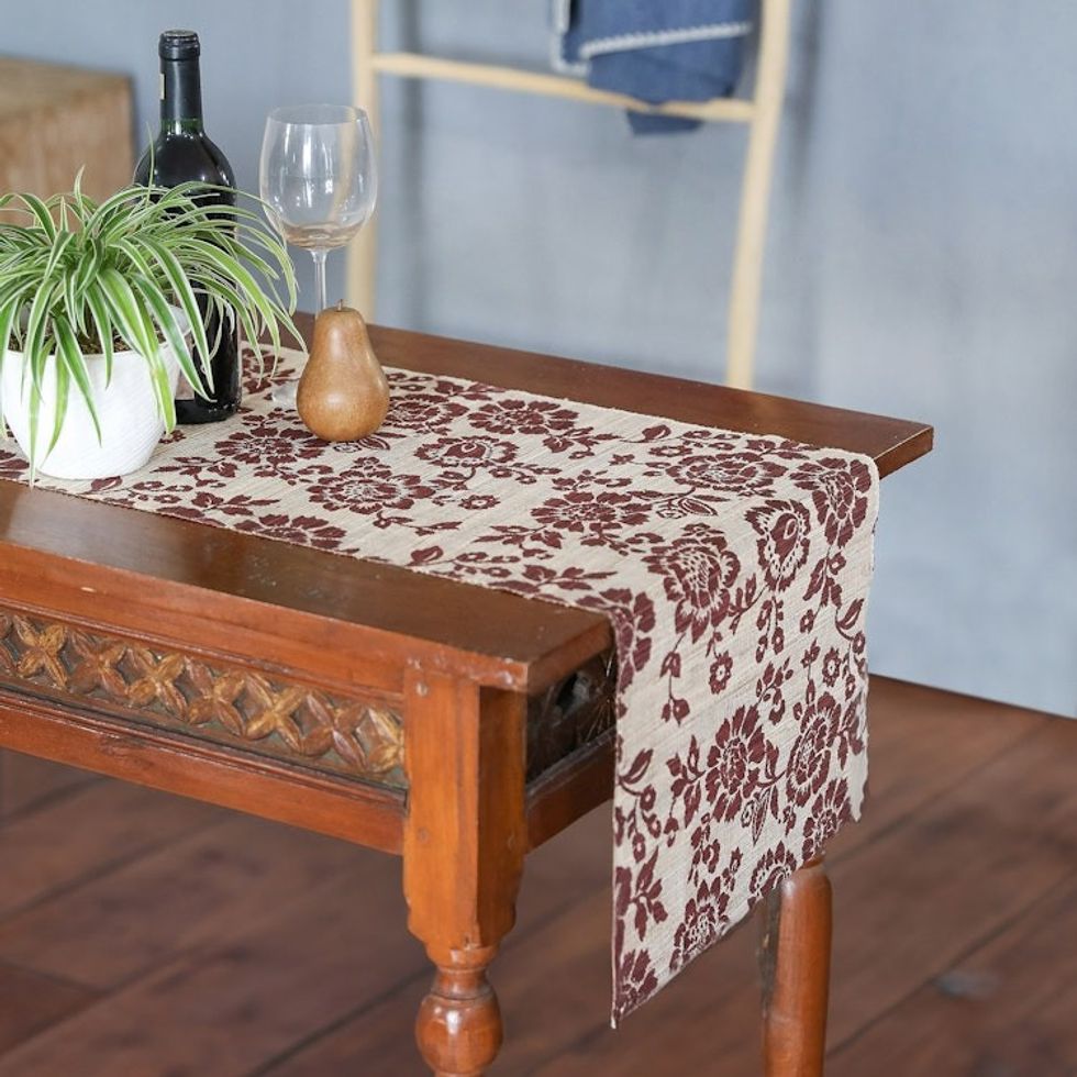 Floral Brown Cotton Blend Table Runner Handwoven in Bali 'Lovely Sunflowers'