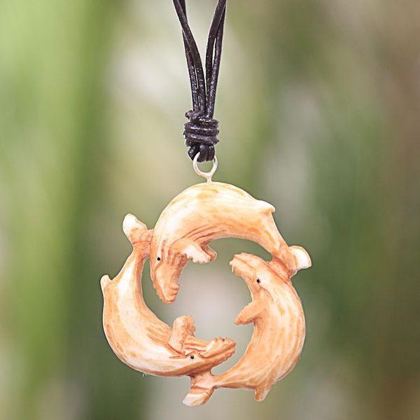 Alternate image for Leather Necklace with a Hand Carved Bone Whale Pendant Frolicking Whales