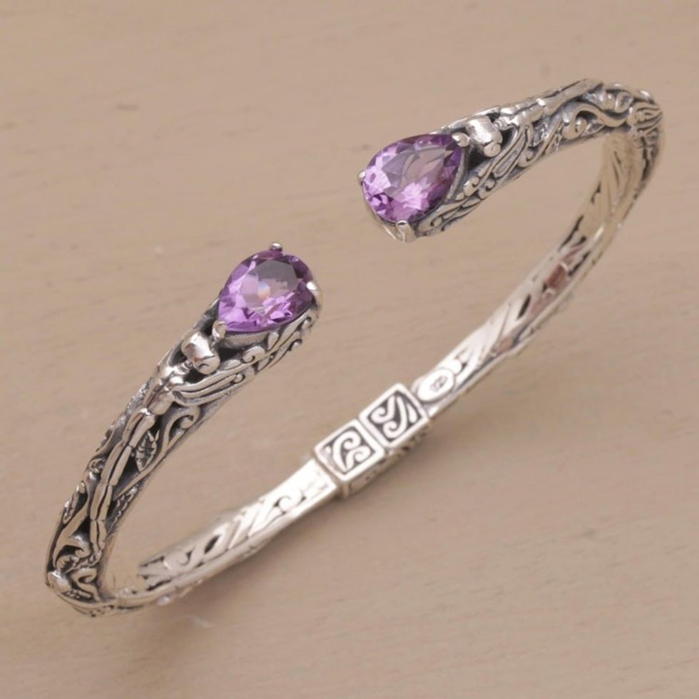 Sterling Silver Hinged Amethyst Cuff Bracelet from Bali 'Looking for You'