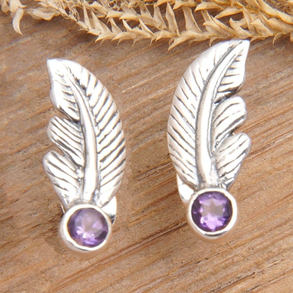 Sterling Silver Leaf Stud Earrings with Amethyst Stone 'Petite Feather'