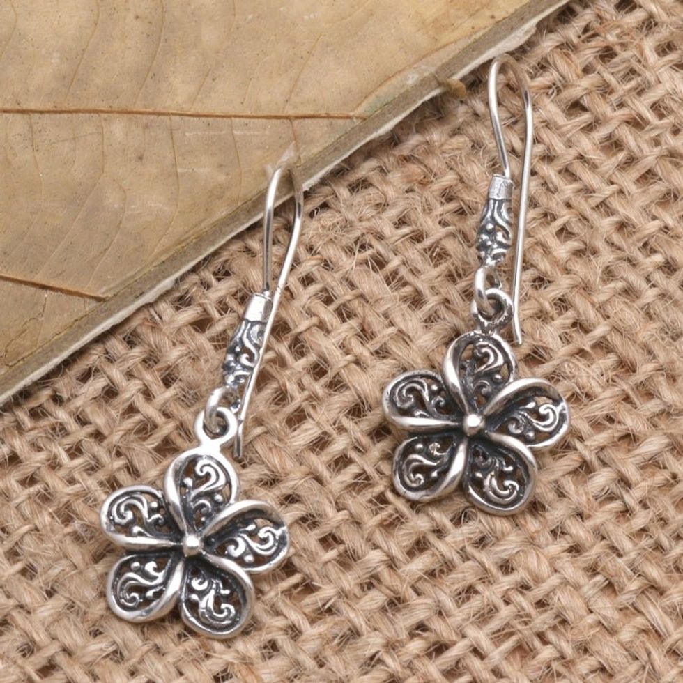 Sterling Silver Frangipani Dangle Earrings 'Twirling Frangipani'