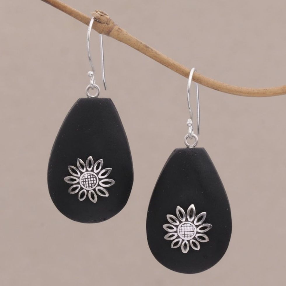 Lava Stone and Sterling Silver Floral Earrings from Bali 'Pura Petals'