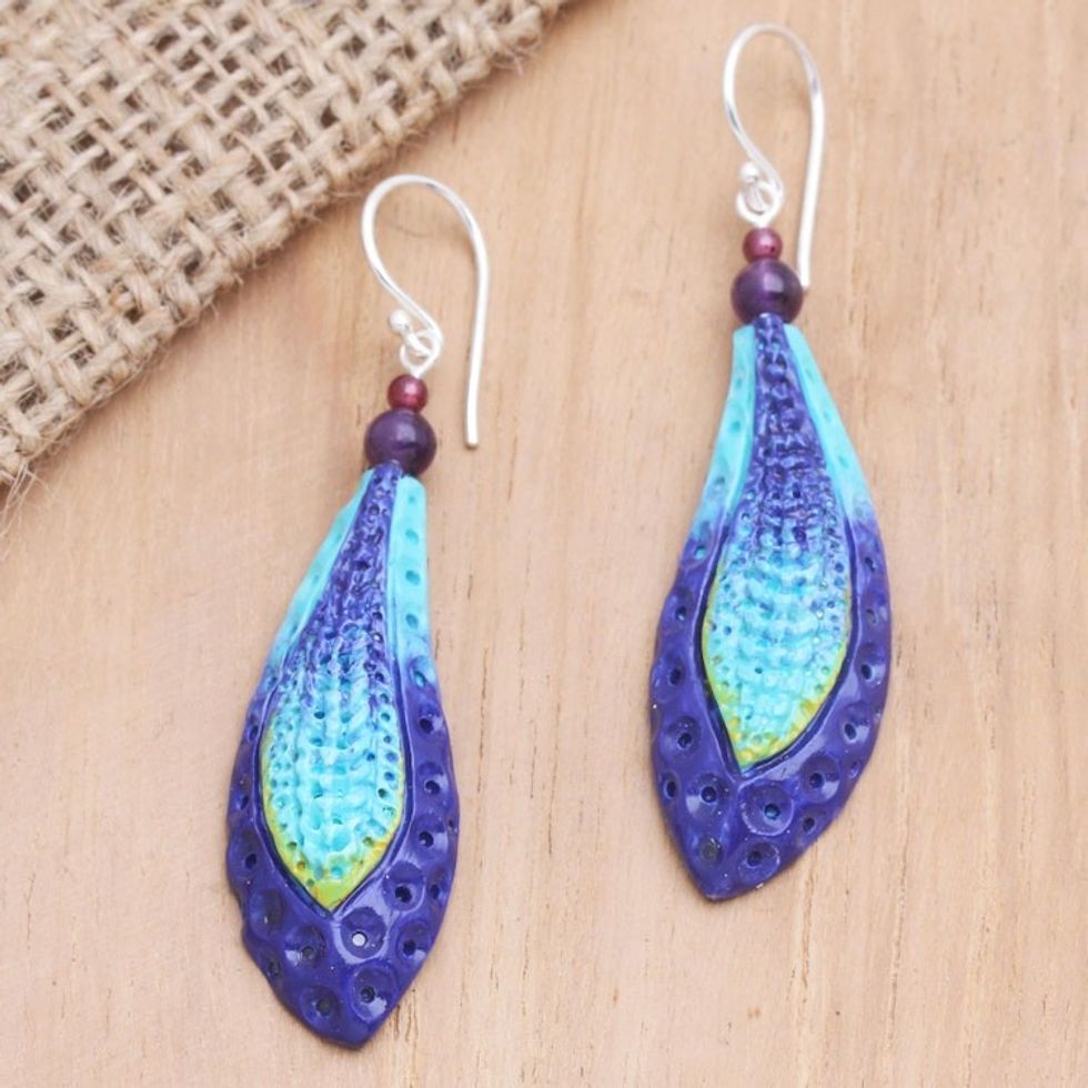 Hand Crafted Garnet and Amethyst Dangle Earrings 'Deep Ocean Blue'