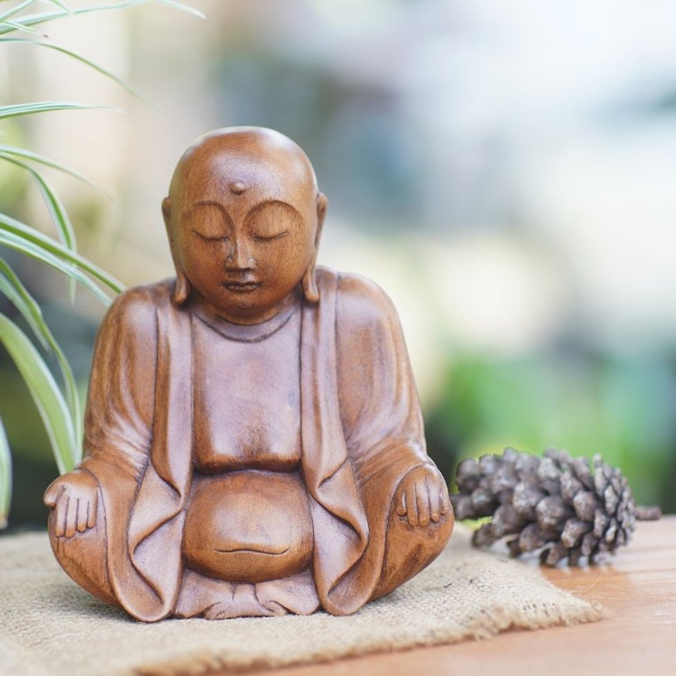 Hand-Carved Suar Wood Bhiksu Monk Sculpture from Indonesia 'Meditative Bhiksu'