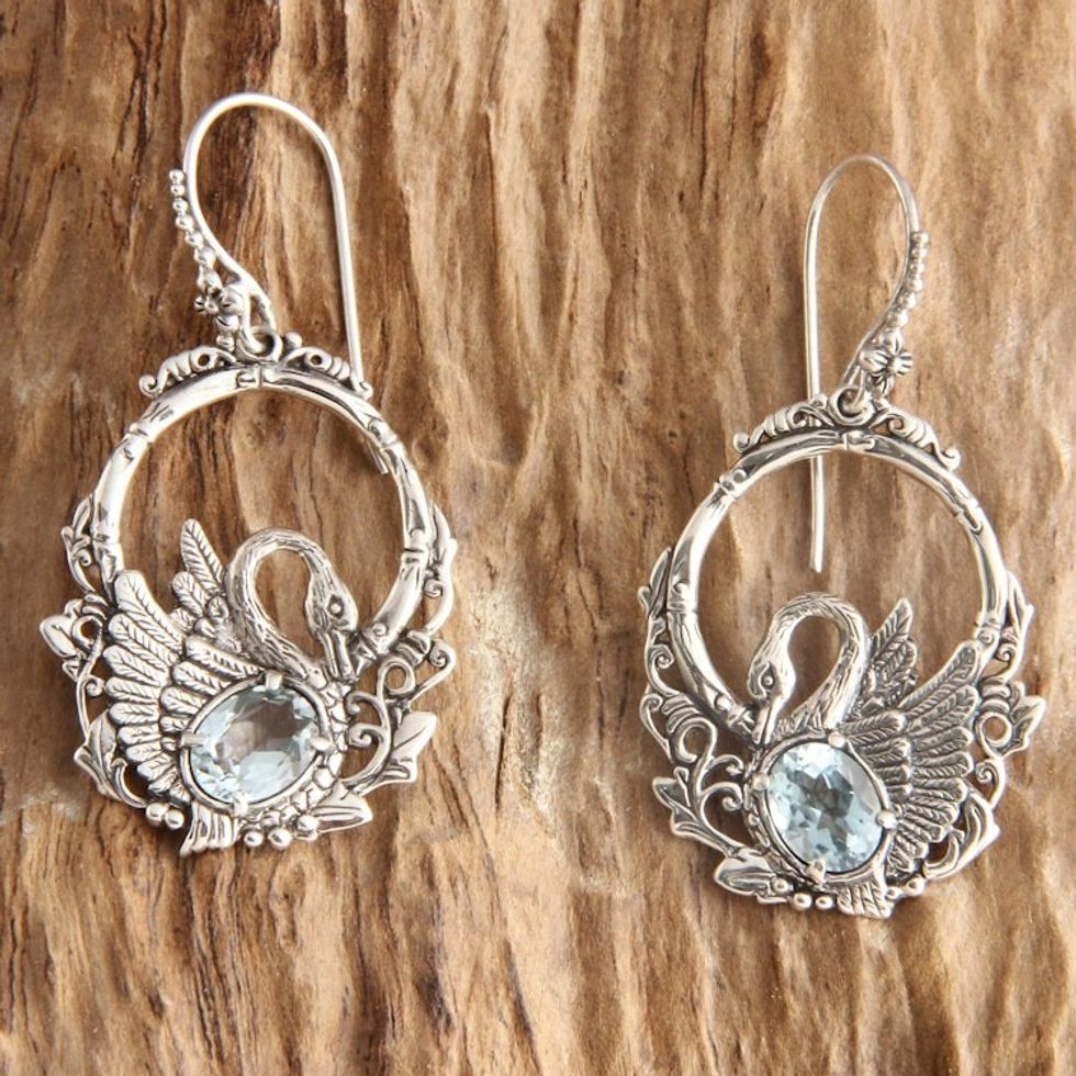 Handmade Sterling Silver and Blue Topaz Bird Earrings 'Dancing Swan'