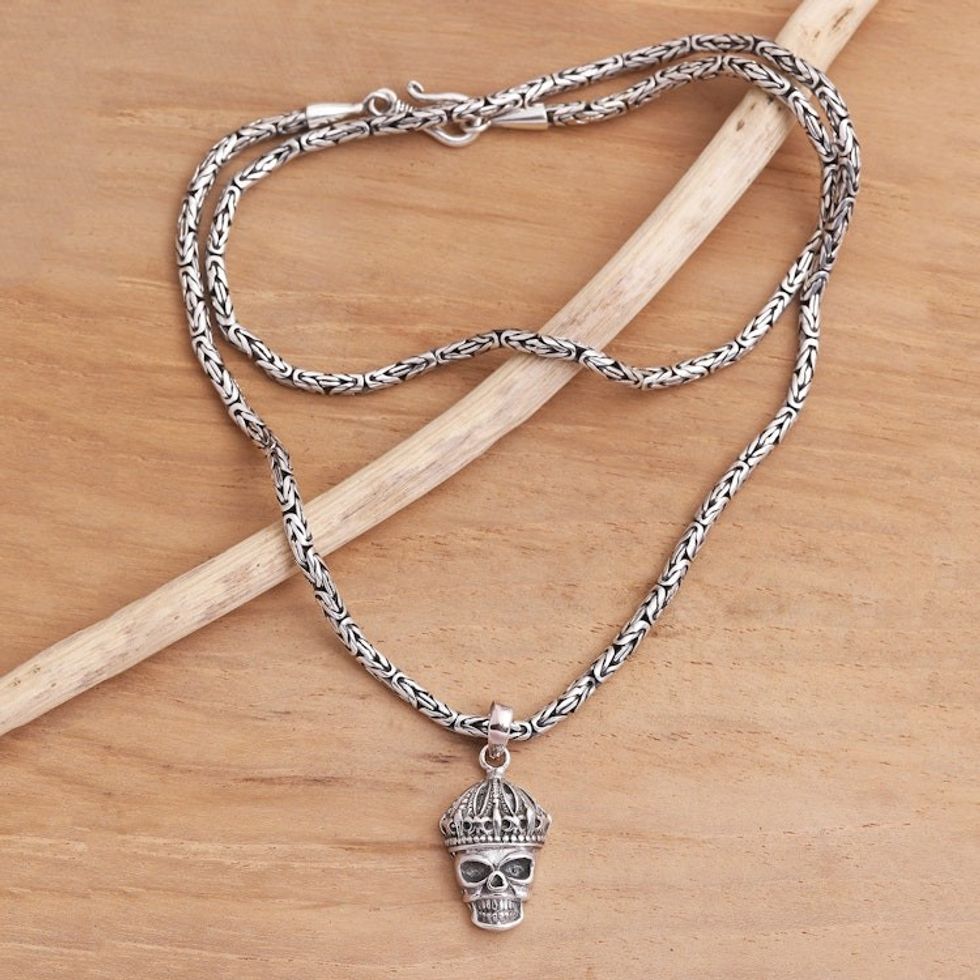 Crowned Skull Sterling Silver Pendant Necklace 'King Skull'