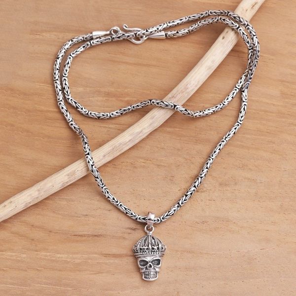 Alternate image for Crowned Skull Sterling Silver Pendant Necklace King Skull