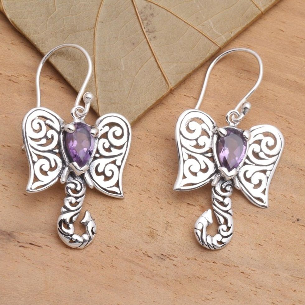 Artisan Crafted Balinese Silver Elephant Amethyst Earrings 'Elephant Fancy'