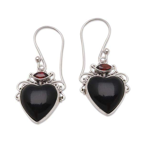 Alternate image for Heart-Shaped Garnet and Horn Dangle Earrings from Bali Dark Passion