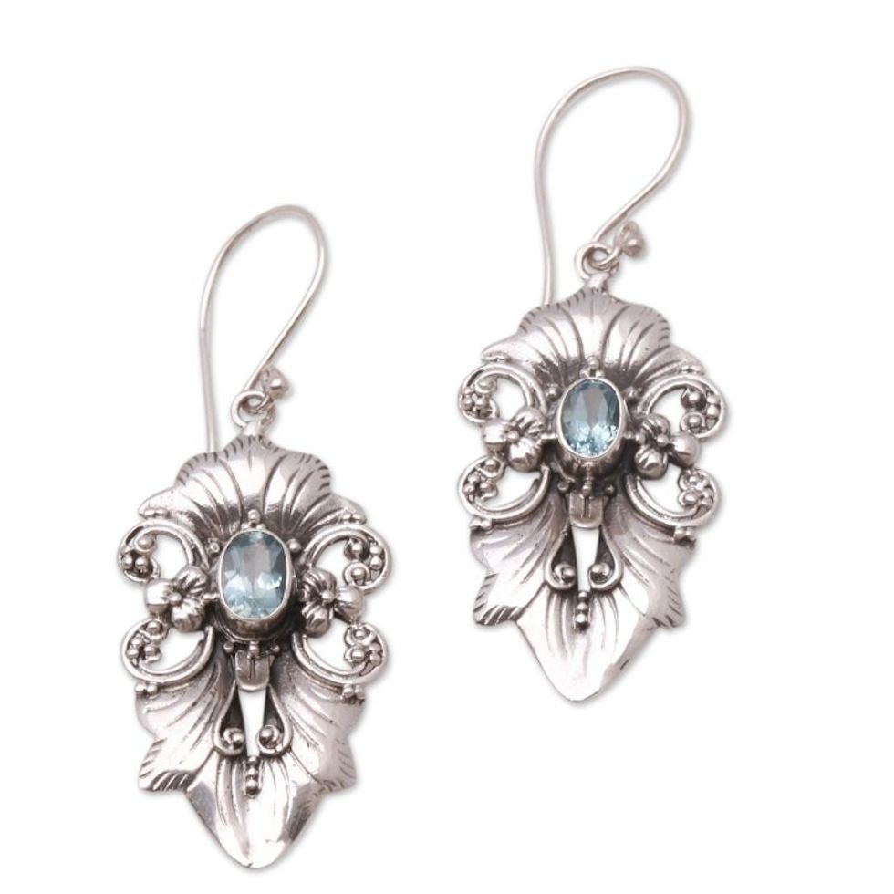 Ribbon Pattern Blue Topaz Dangle Earrings from Bali 'Sparkling Crest'