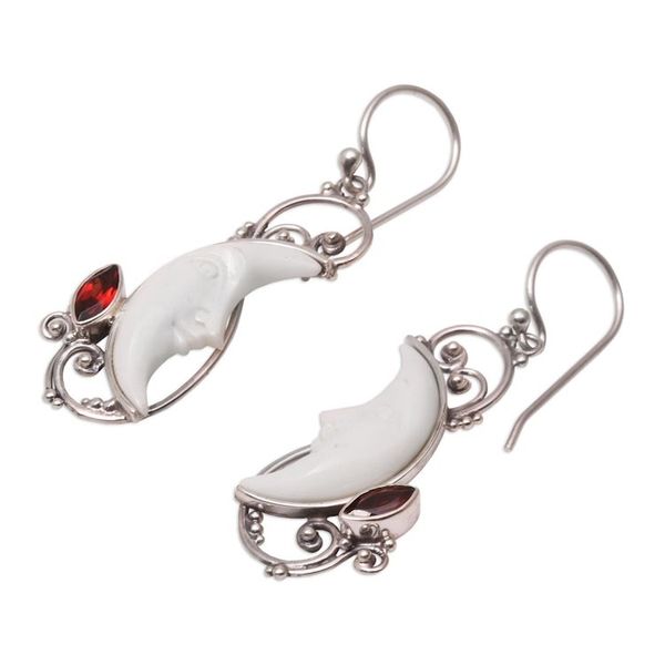 Alternate image for Garnet and Bone Crescent Moon Dangle Earrings from Bali Glittering Crescents