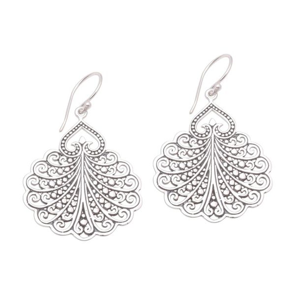 Alternate image for Fan Pattern Sterling Silver Dangle Earrings from Bali Peacocks Tail