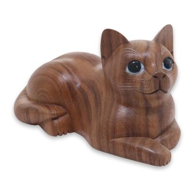 Alternate image for Hand Carved Wood Cat Sculpture from Balinese Artisan Short Haired Cat