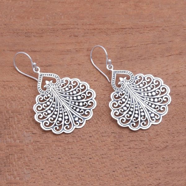 Alternate image for Fan Pattern Sterling Silver Dangle Earrings from Bali Peacocks Tail