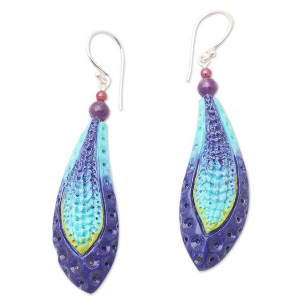Alternate image for Hand Crafted Garnet and Amethyst Dangle Earrings Deep Ocean Blue