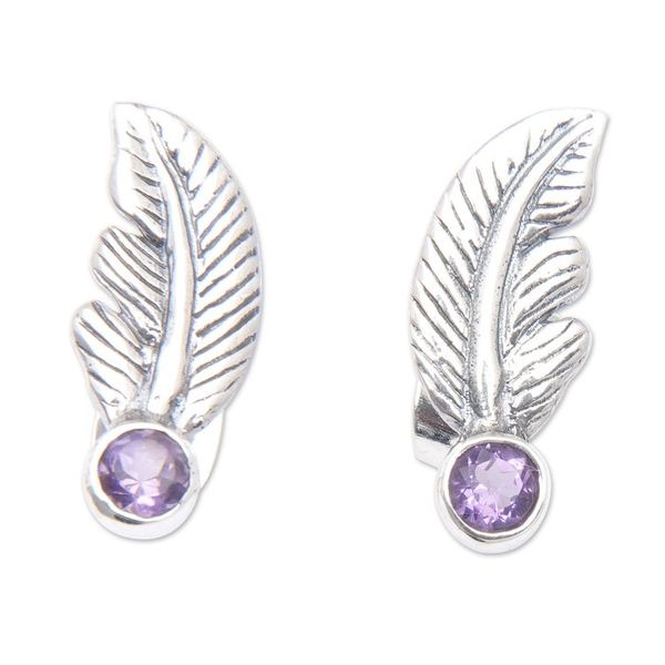 Alternate image for Sterling Silver Leaf Stud Earrings with Amethyst Stone Petite Feather