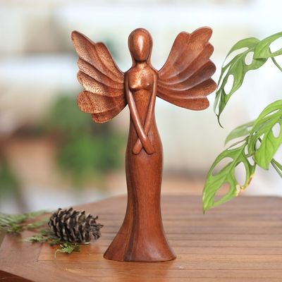Alternate image for Hand-Carved Suar Wood Sculpture of an Angel from Bali Angel of Kindness