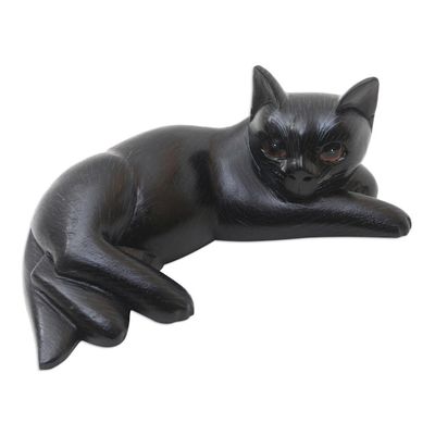 Alternate image for Suar Wood Black Cat Statuette Slinky Feline in Black