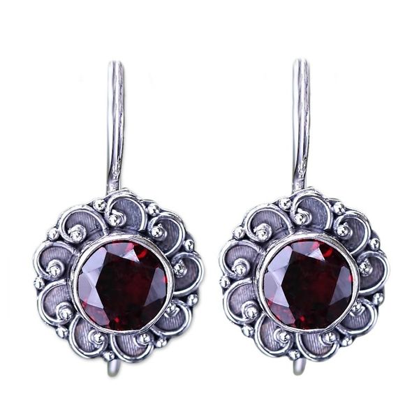 Alternate image for Silver and Garnet Sunflower Drop Earrings from Bali Singaraja Sunflower Red