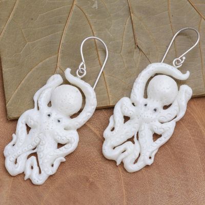 Alternate image for Hand-Carved Octopus Dangle Earrings from Bali Friendly Octopus