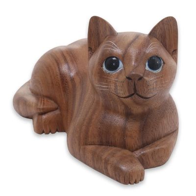 Alternate image for Hand Carved Wood Cat Sculpture from Balinese Artisan Short Haired Cat