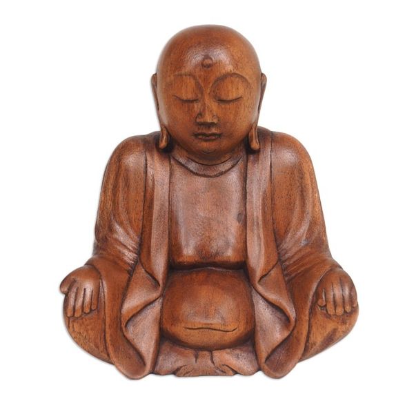 Alternate image for Hand-Carved Suar Wood Bhiksu Monk Sculpture from Indonesia Meditative Bhiksu