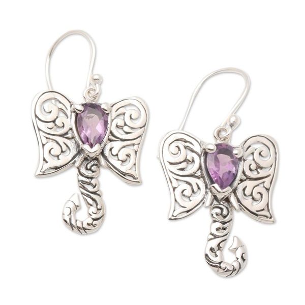 Alternate image for Artisan Crafted Balinese Silver Elephant Amethyst Earrings Elephant Fancy