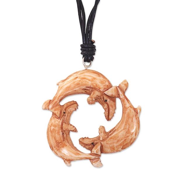 Alternate image for Leather Necklace with a Hand Carved Bone Whale Pendant Frolicking Whales