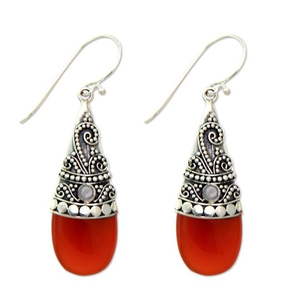 Alternate image for Chalcedony and rainbow moonstone dangle earrings Bali Tradition