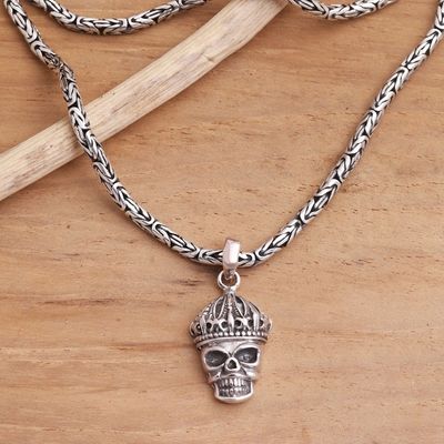 Alternate image for Crowned Skull Sterling Silver Pendant Necklace King Skull