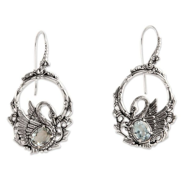 Alternate image for Handmade Sterling Silver and Blue Topaz Bird Earrings Dancing Swan