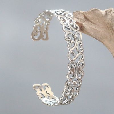 Alternate image for Hand Crafted Sterling Silver Cuff Bracelet with Floral Motif Elegant Fern