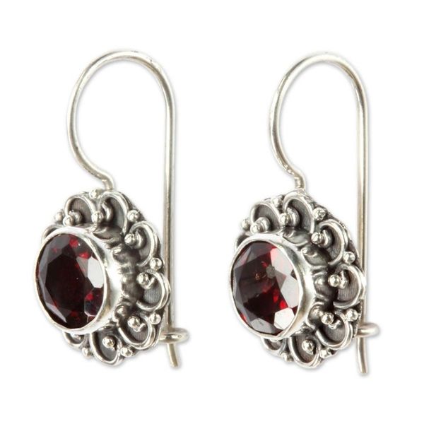 Alternate image for Silver and Garnet Sunflower Drop Earrings from Bali Singaraja Sunflower Red