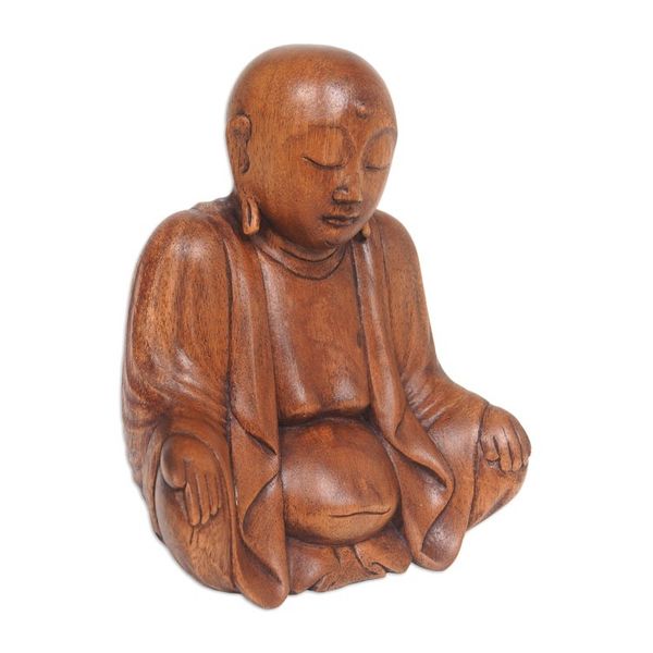 Alternate image for Hand-Carved Suar Wood Bhiksu Monk Sculpture from Indonesia Meditative Bhiksu