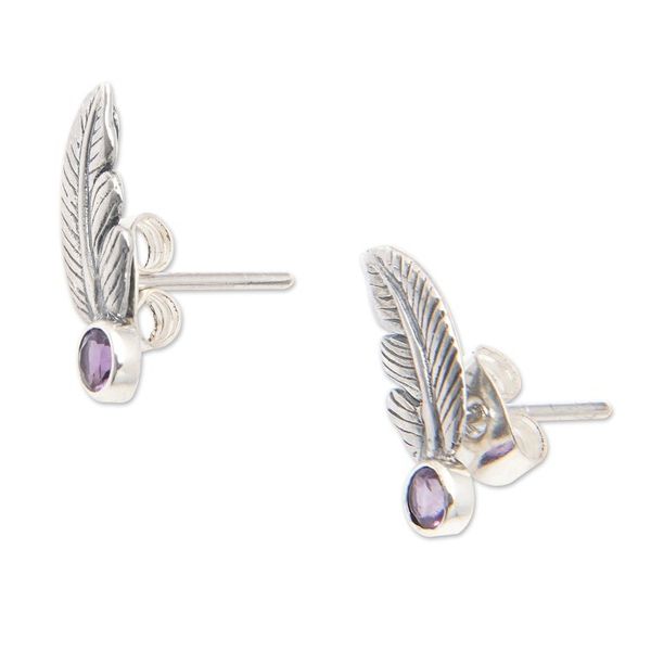 Alternate image for Sterling Silver Leaf Stud Earrings with Amethyst Stone Petite Feather