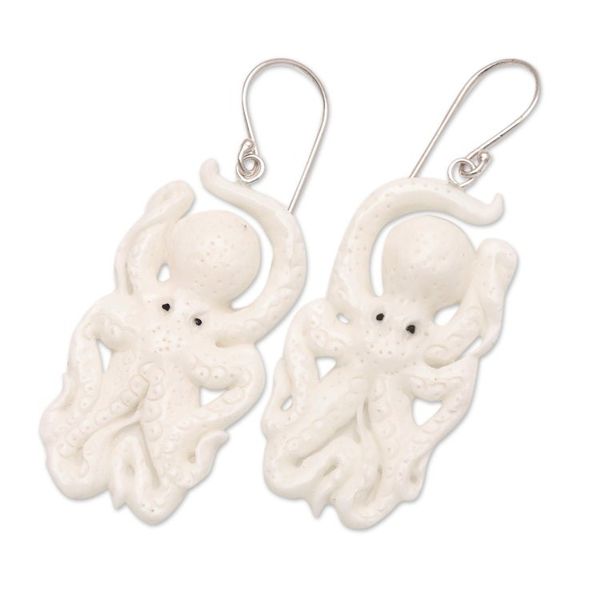 Alternate image for Hand-Carved Octopus Dangle Earrings from Bali Friendly Octopus