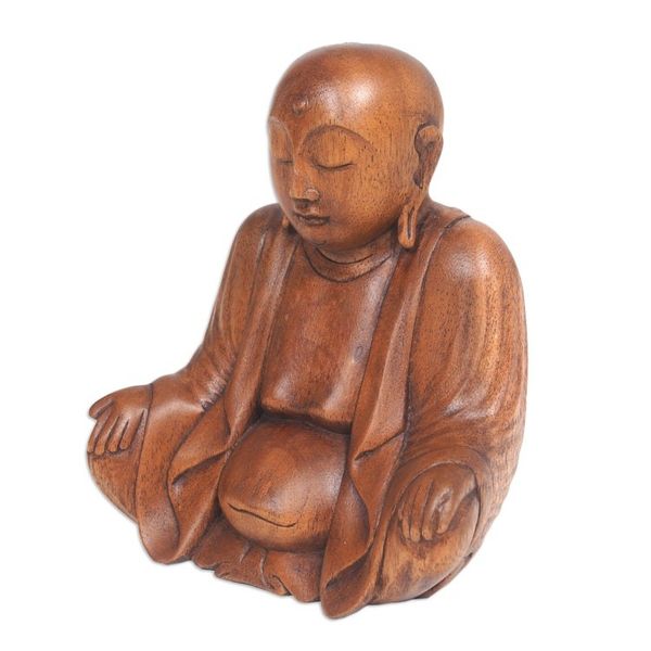Alternate image for Hand-Carved Suar Wood Bhiksu Monk Sculpture from Indonesia Meditative Bhiksu
