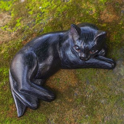 Alternate image for Suar Wood Black Cat Statuette Slinky Feline in Black