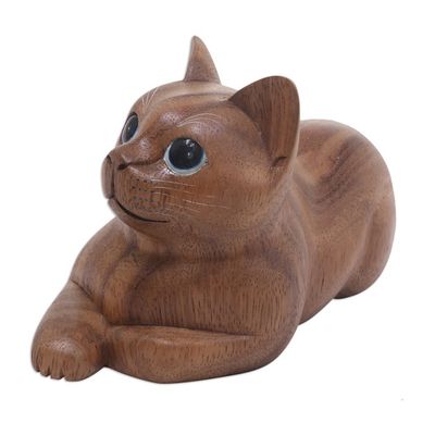 Alternate image for Hand Carved Wood Cat Sculpture from Balinese Artisan Short Haired Cat