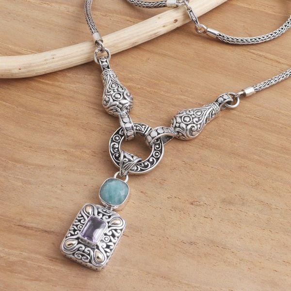Alternate image for Amazonite and Amethyst Pendant Y-Necklace Gold Plated Accent Royal Table