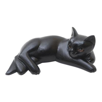 Alternate image for Suar Wood Black Cat Statuette Slinky Feline in Black