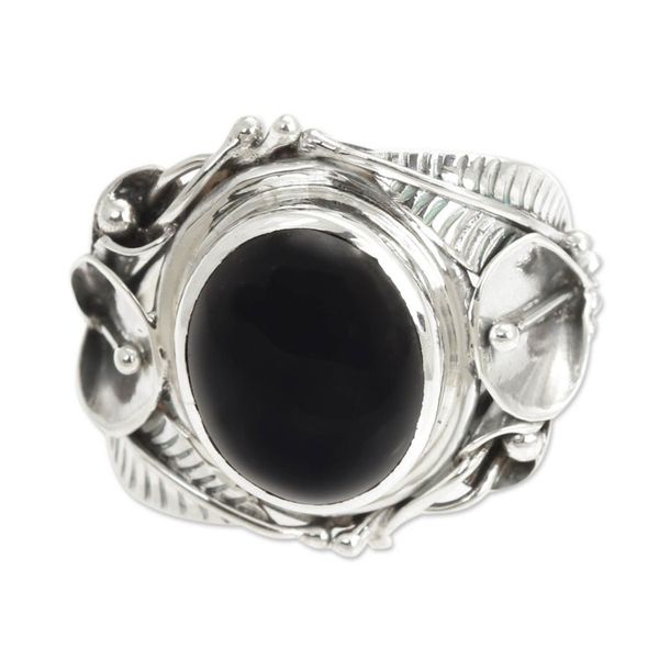 Alternate image for Womens Floral Sterling Silver and Onyx Cocktail Ring Nest of Lilies