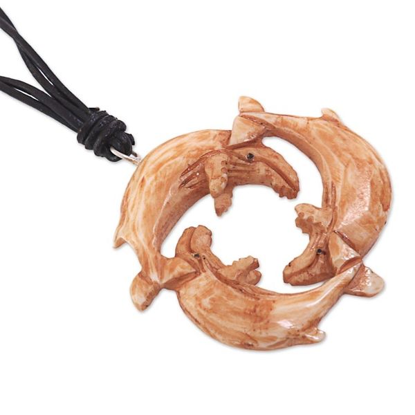 Alternate image for Leather Necklace with a Hand Carved Bone Whale Pendant Frolicking Whales