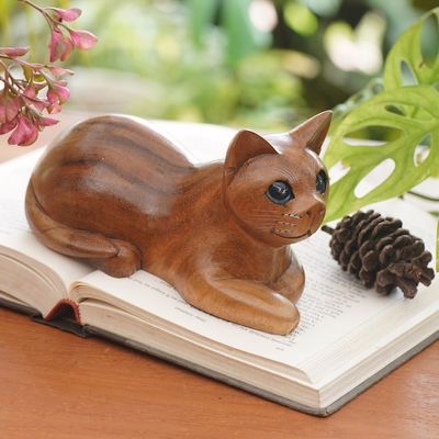 Alternate image for Hand Carved Wood Cat Sculpture from Balinese Artisan Short Haired Cat